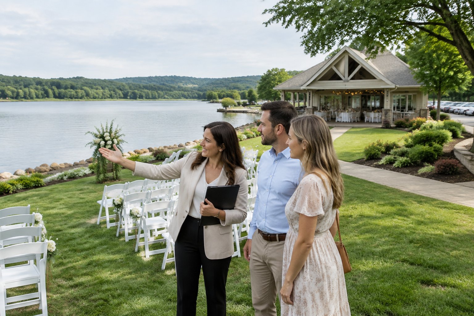 A couple and a venue coordinator inspect a lakeside wedding venue.