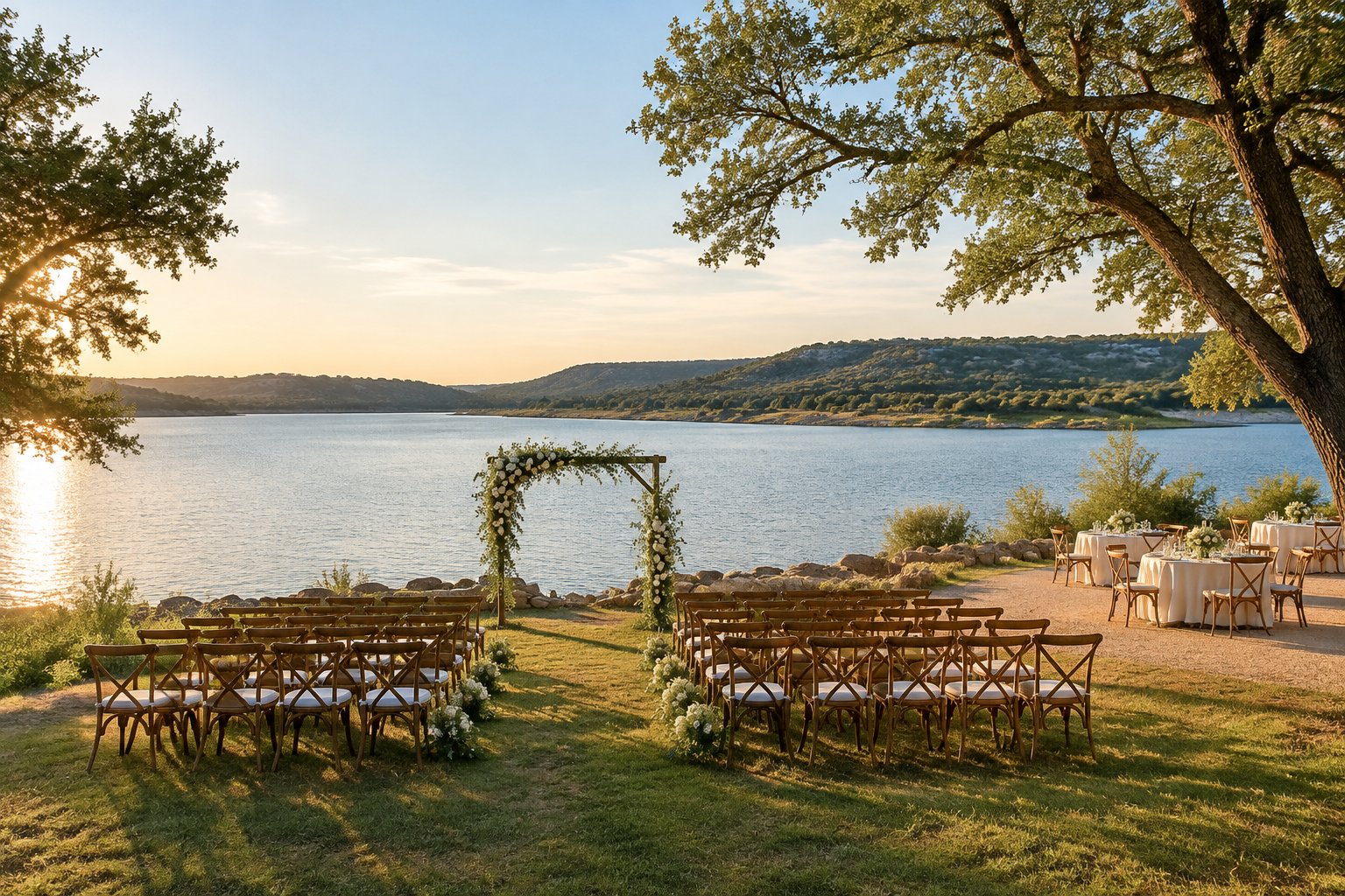 An outdoor wedding ceremony setup beside a lake in the Texas Hill Country.
