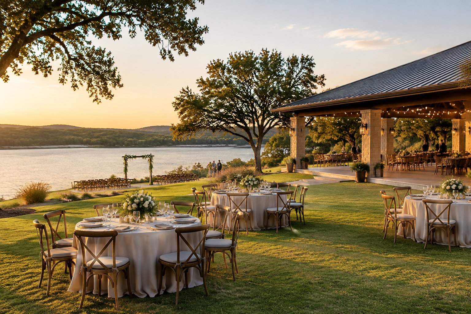 A wedding reception setup on a lawn beside a lake, with a pavilion and tables nearby.