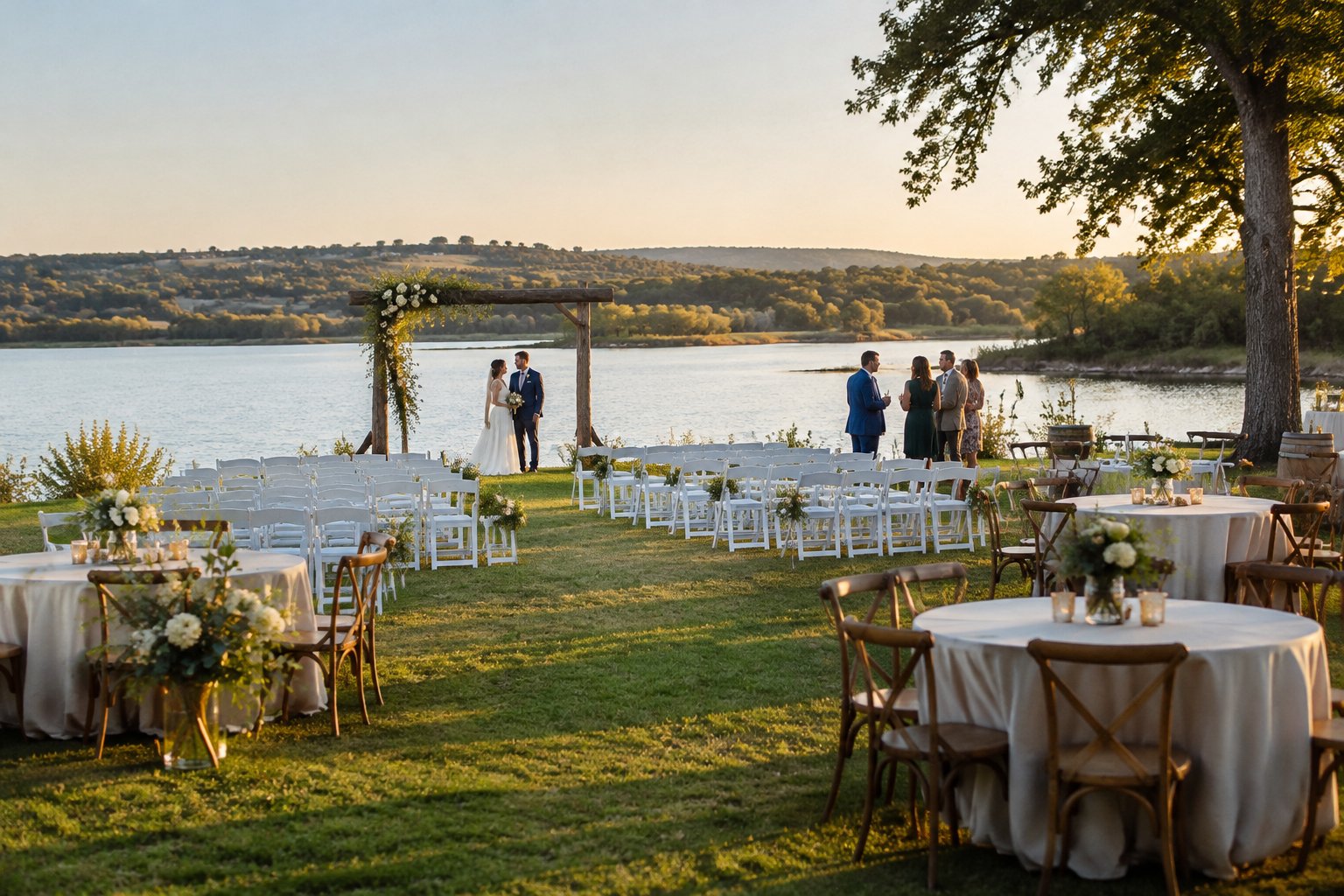 A modest wedding reception set beside a lake with guests gathered near the shoreline.