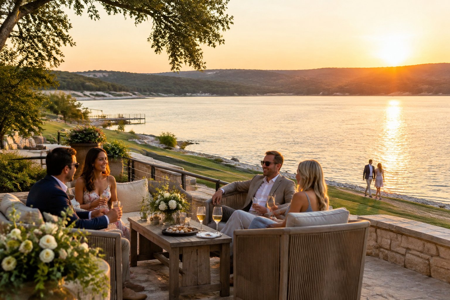 Wedding guests relax and stroll beside a lake in the Texas Hill Country.
