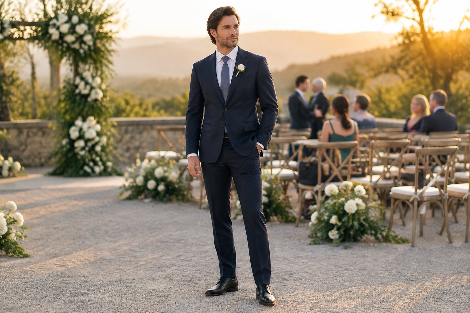 A wedding guest in a dark suit stands at an outdoor ceremony venue.