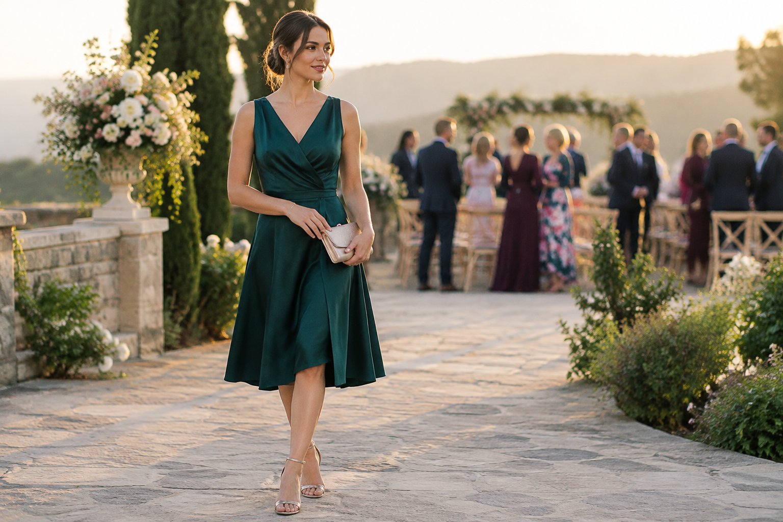 A woman in a dress arrives at an outdoor wedding venue.