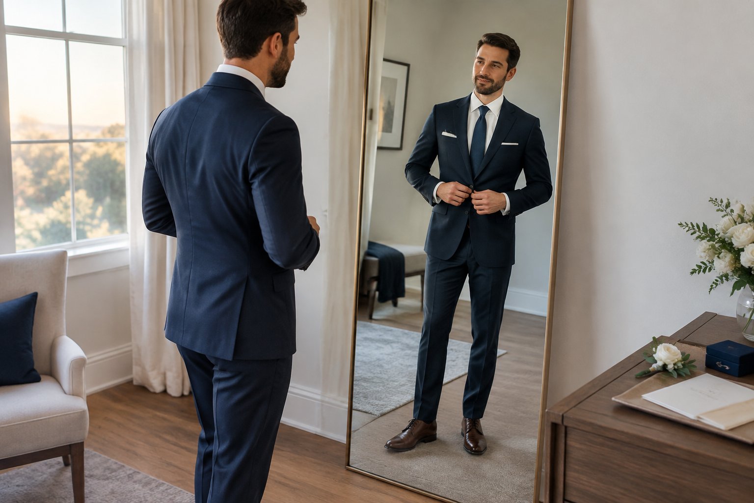 A man in a dark suit checks his appearance in a mirror.