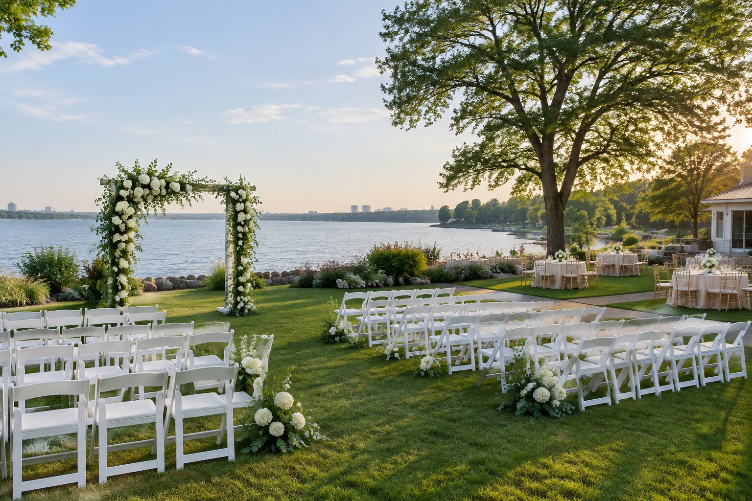 A wedding ceremony setup on a landscaped lawn beside a lake.
