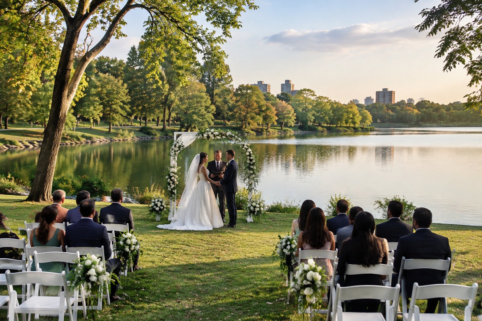 An outdoor wedding ceremony set beside a lake in a leafy park.