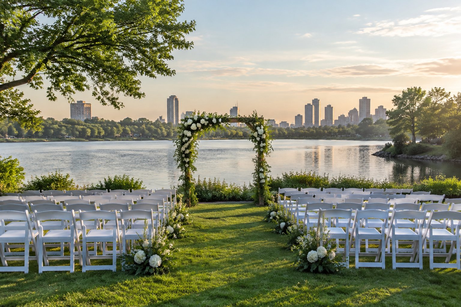 A wedding ceremony setup on a green lawn beside a calm lake.