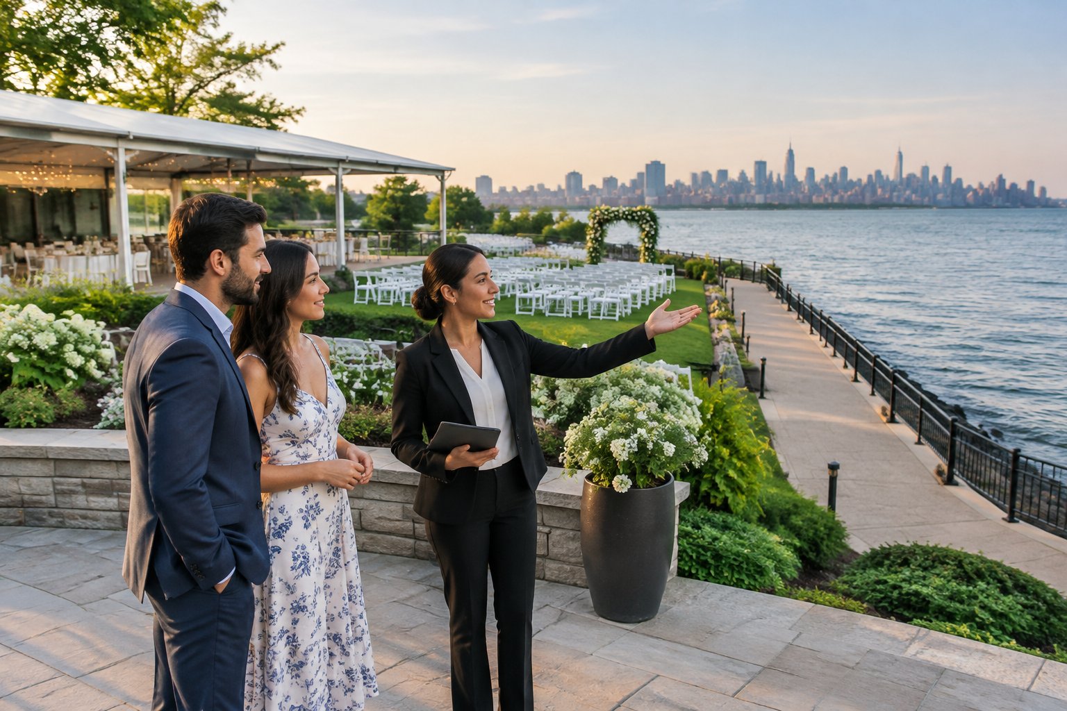 A couple and a venue coordinator inspect a lakeside wedding terrace.