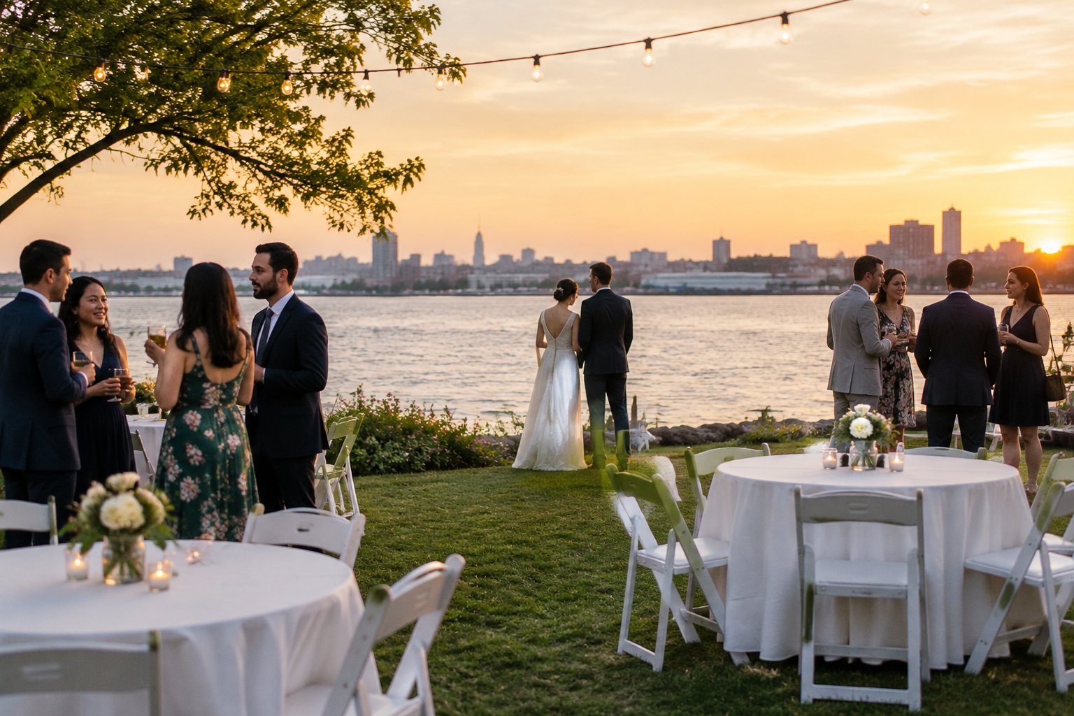 A couple celebrates with guests at a modest outdoor wedding reception beside the water.