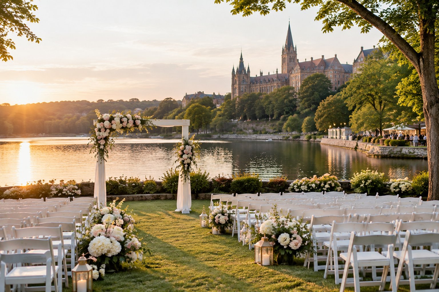 A wedding ceremony setup beside a lake, with rows of chairs and a floral arch.