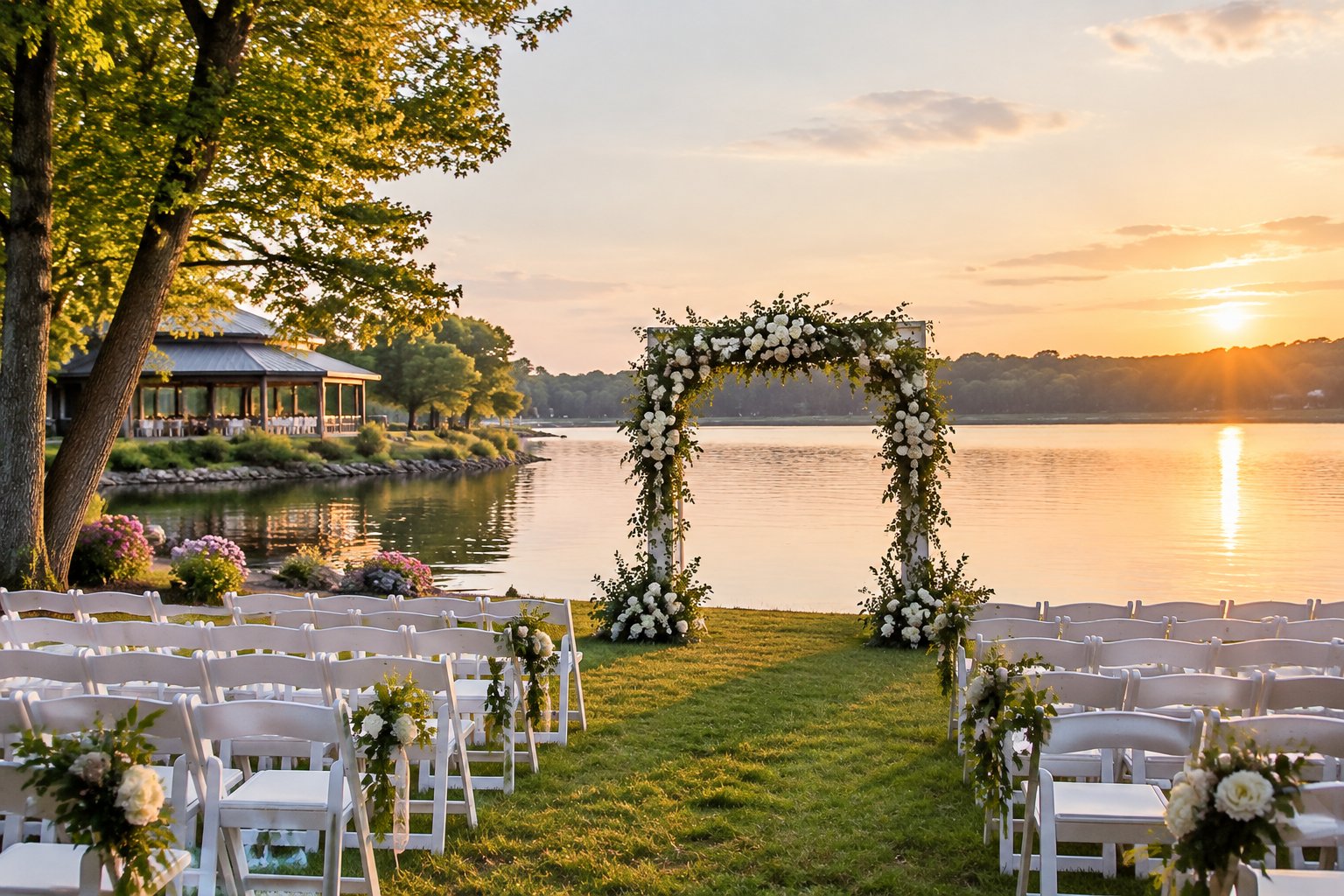 A wedding ceremony setup beside a calm lake, with white flowers and chairs near the shoreline.