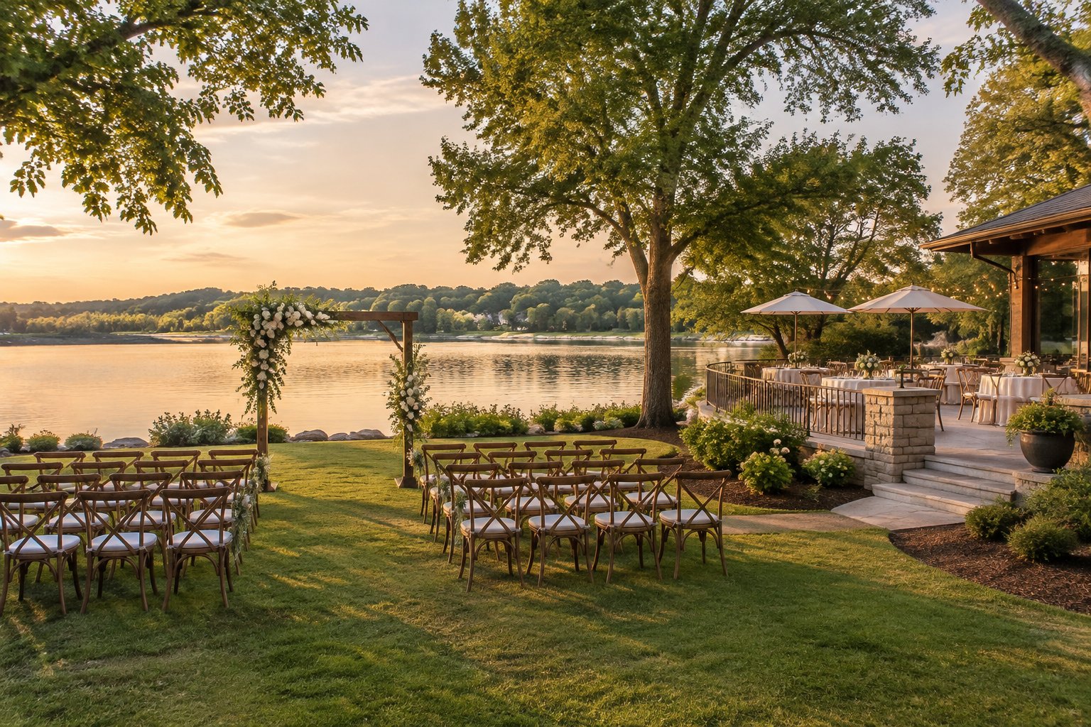 A lakeside wedding ceremony area beside a nearby reception terrace.