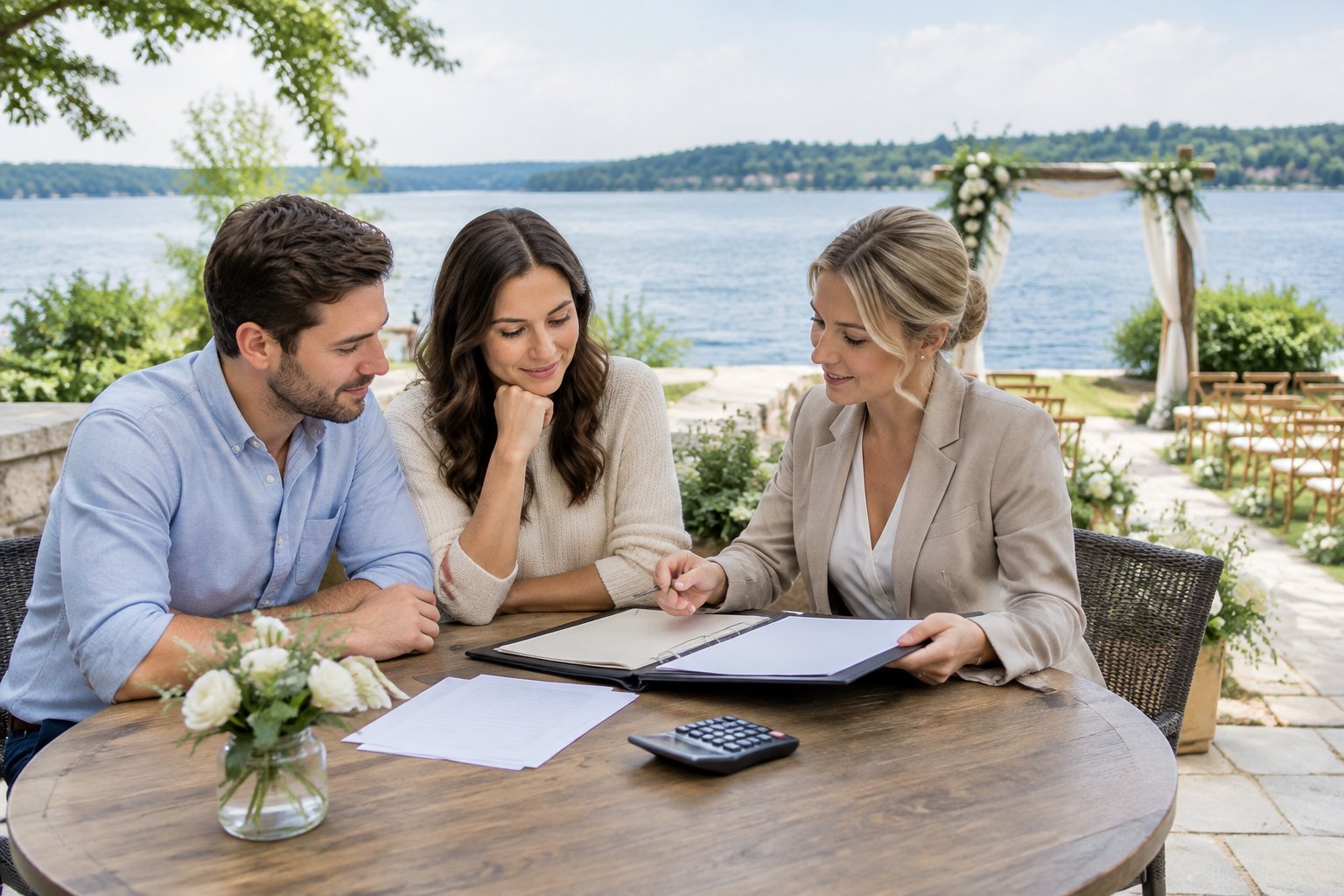 A couple and wedding planner review wedding plans at a table beside a lake.