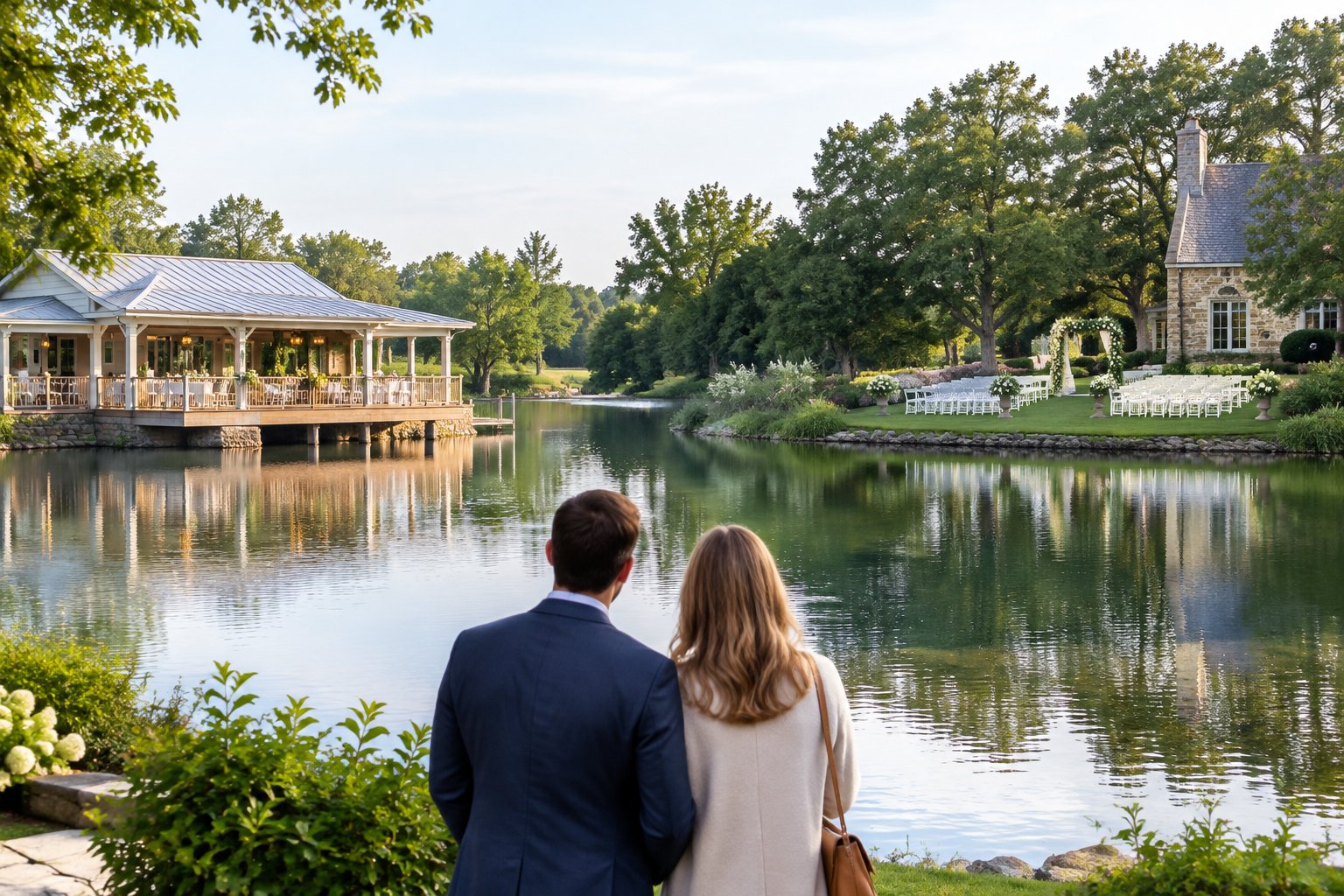 A couple looks across a lake toward two wedding venues.