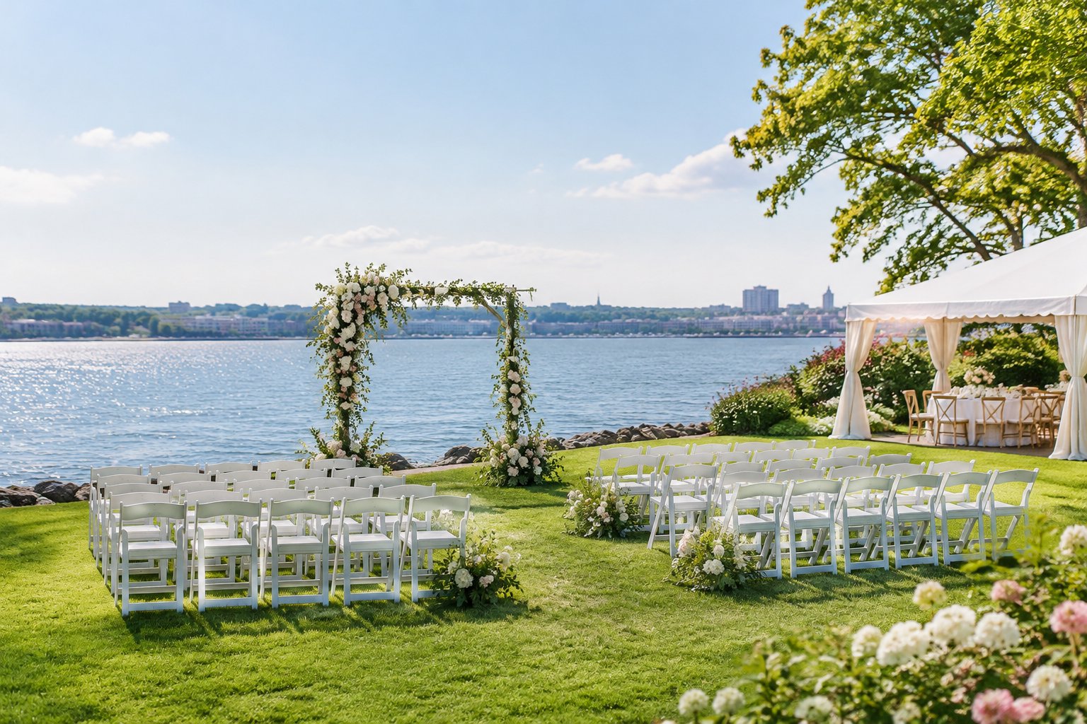 A wedding ceremony setup on a grassy lakeshore with rows of chairs and a flower-covered arch.