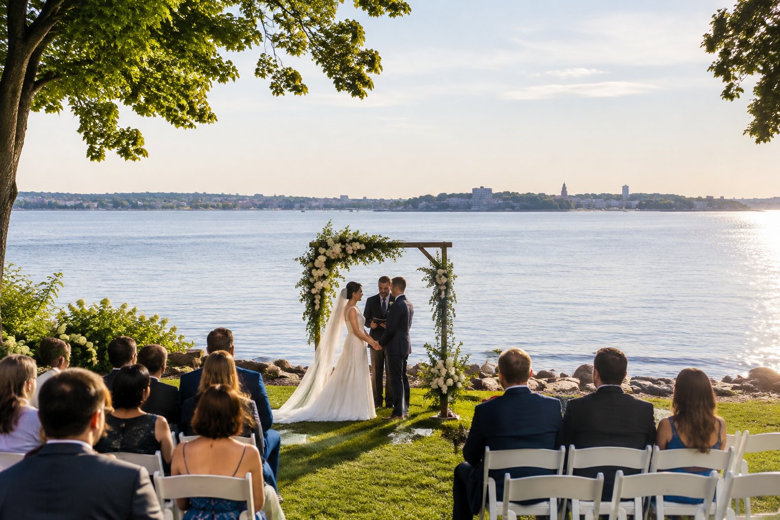 A wedding ceremony set on a grassy lakeshore with guests facing the water.