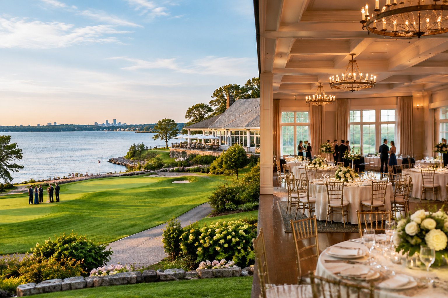 A lakeside wedding lawn beside an elegant indoor reception room.