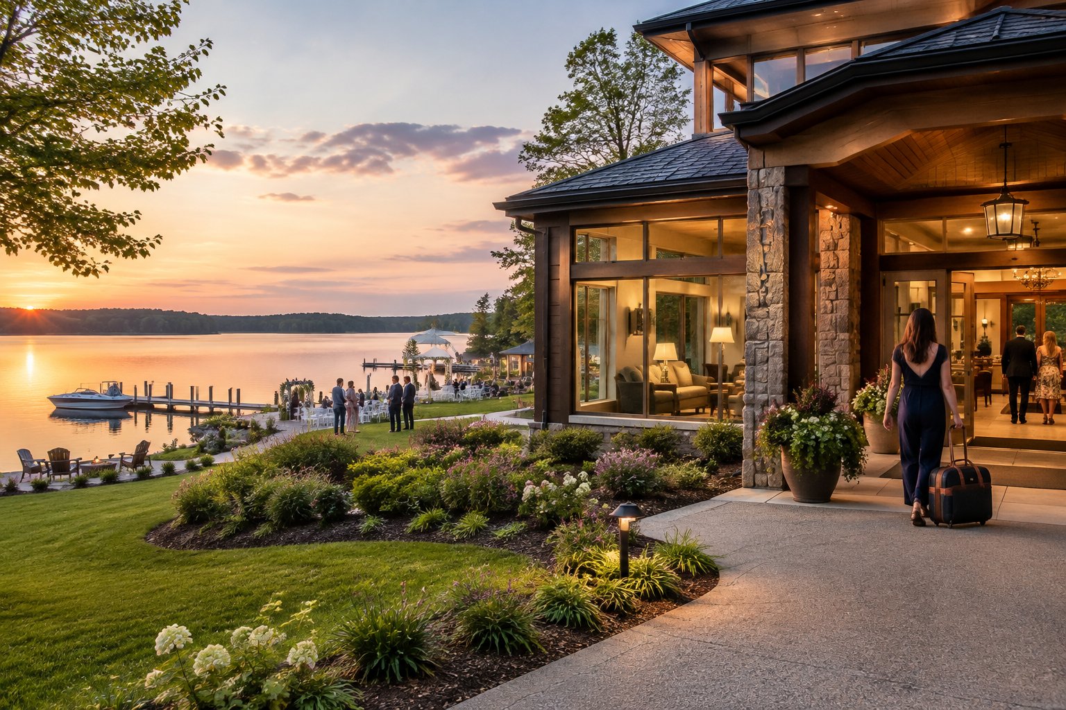 A wedding guest arrives at a lakeside hotel with the lake and wedding venue in the background.