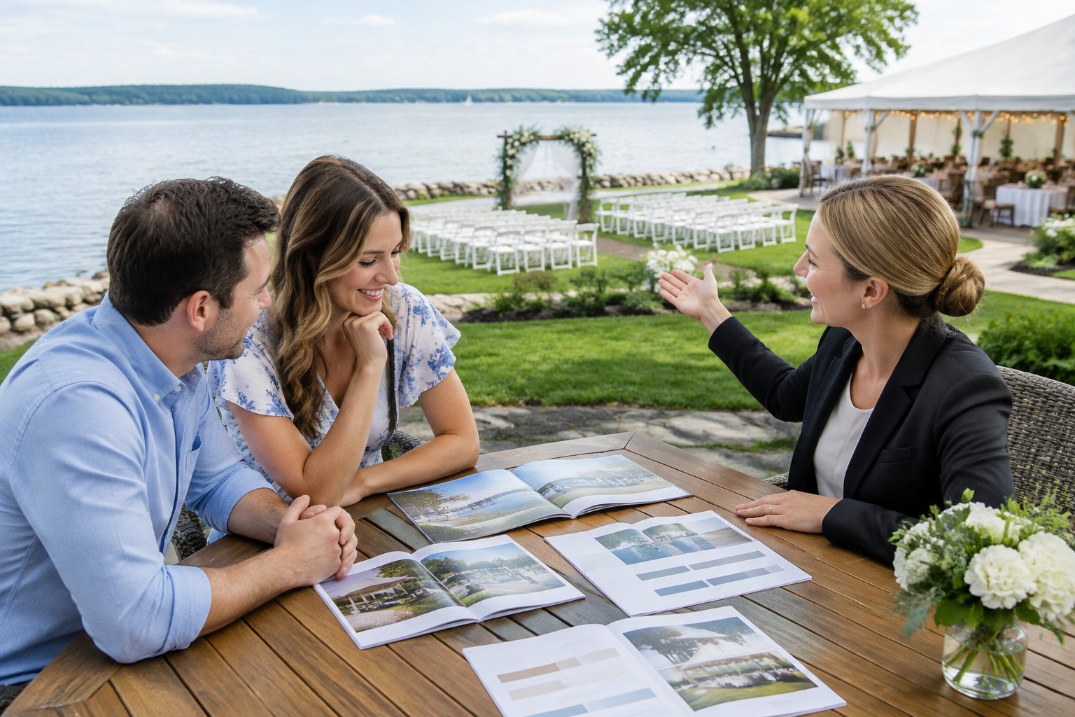 A couple and a venue coordinator compare wedding options beside a lake.