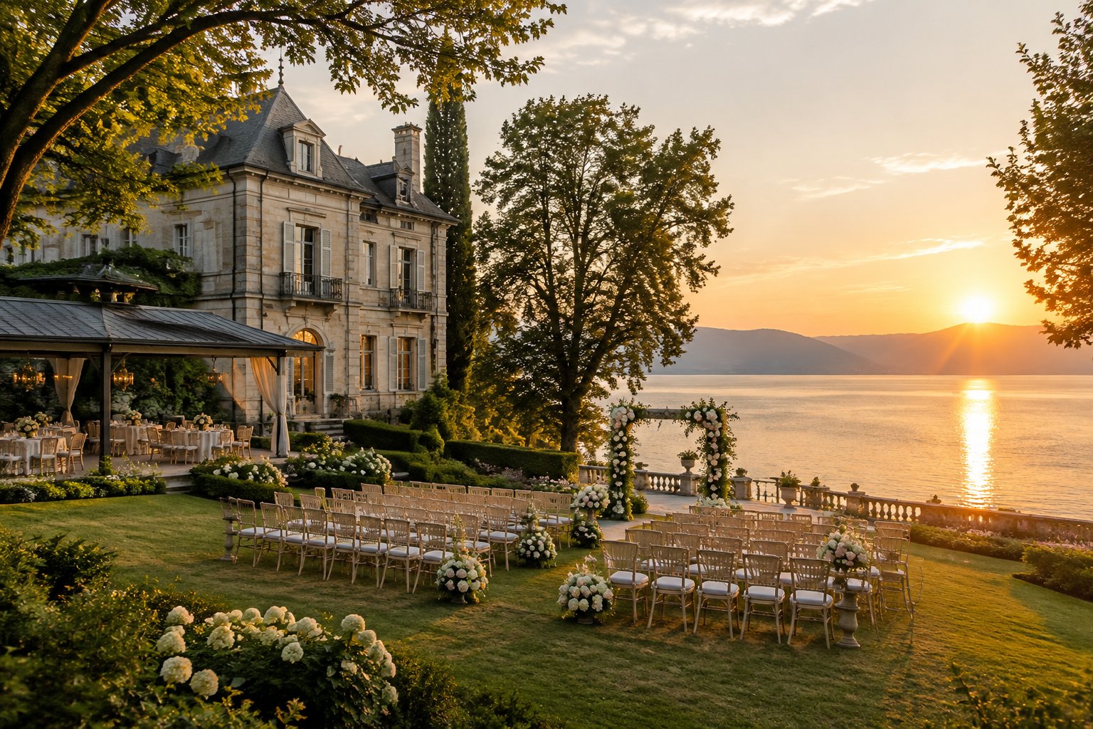 A grand lakeside mansion beside a garden wedding ceremony.