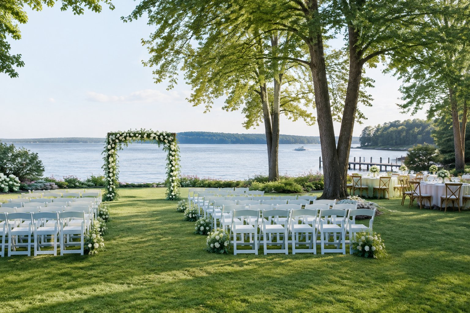 A garden wedding ceremony setup beside a calm lake.
