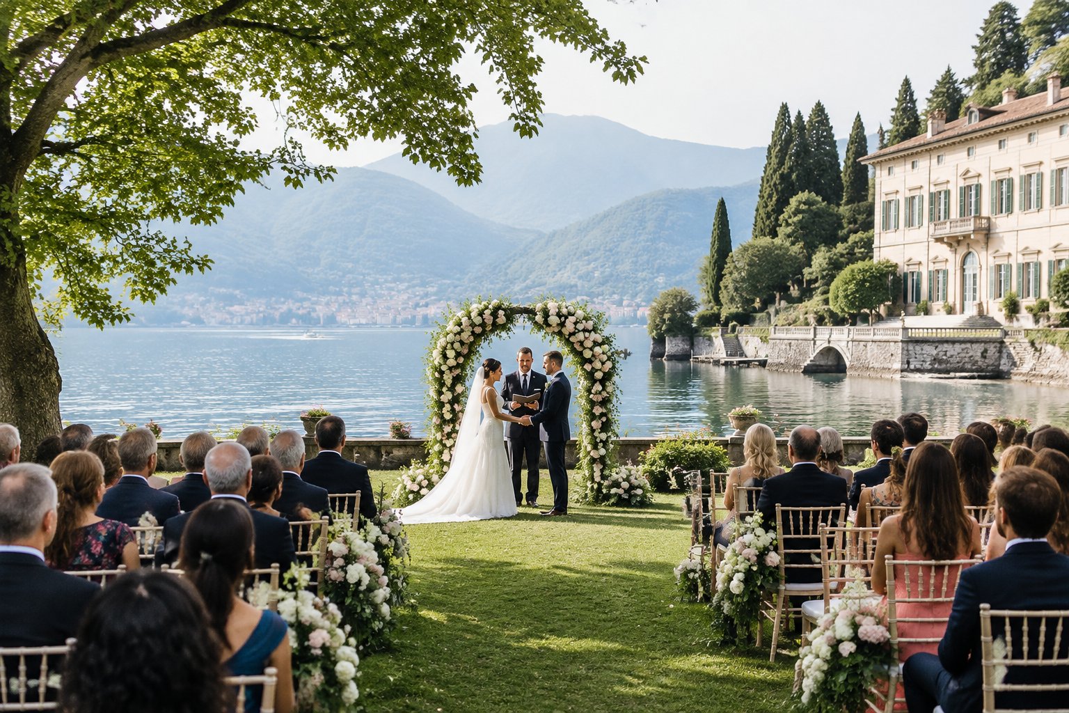 A couple stands beneath a floral arch as guests watch their lakeside wedding ceremony.