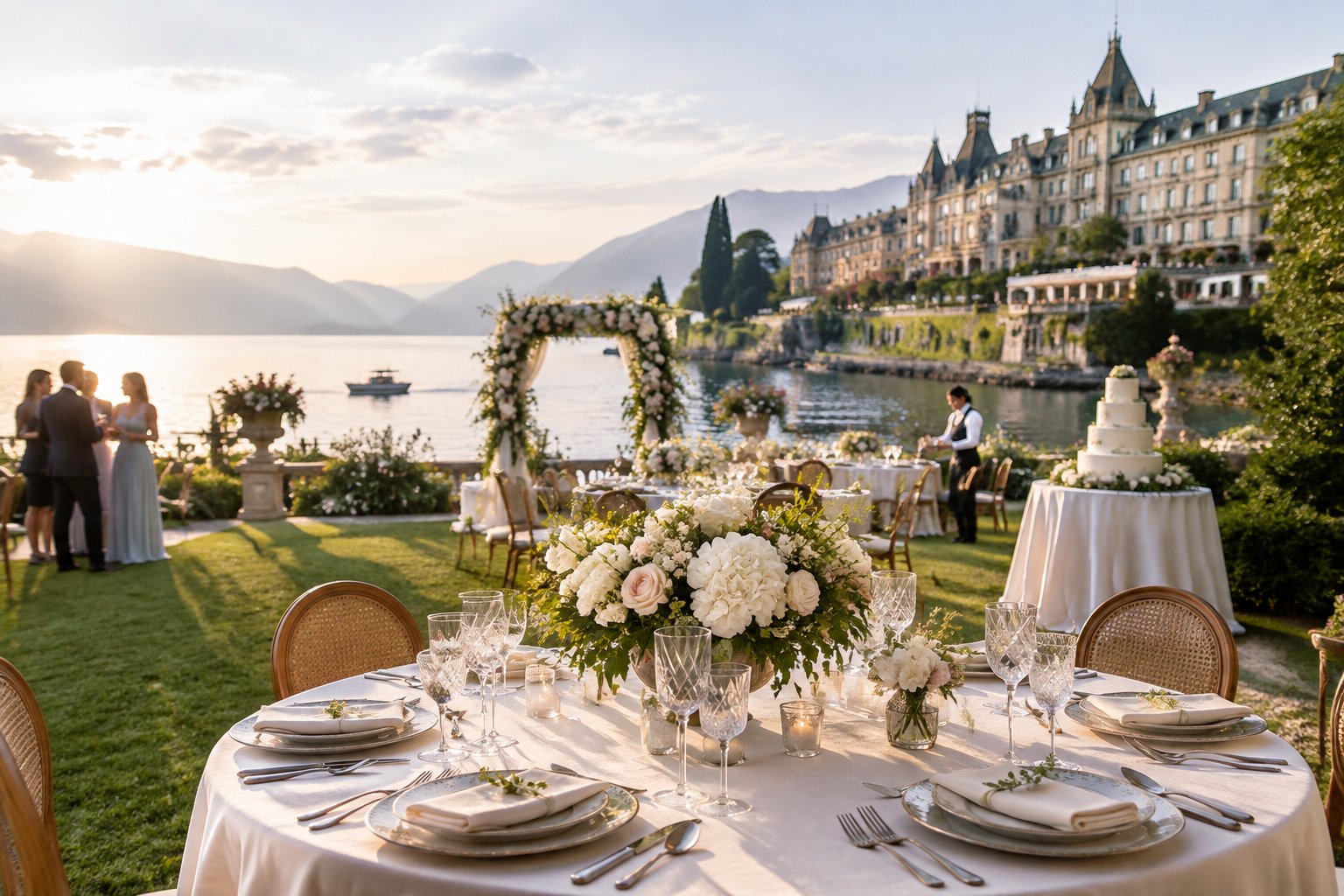 A wedding reception table beside a lake with a grand estate in the background.