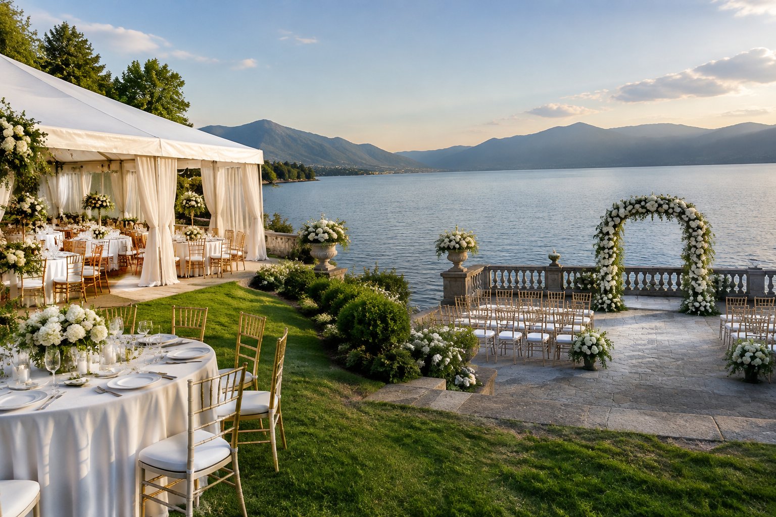 Wedding venues beside a calm lake.