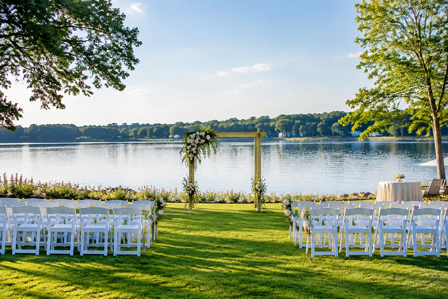 A wedding ceremony setup on a grassy lakeshore.