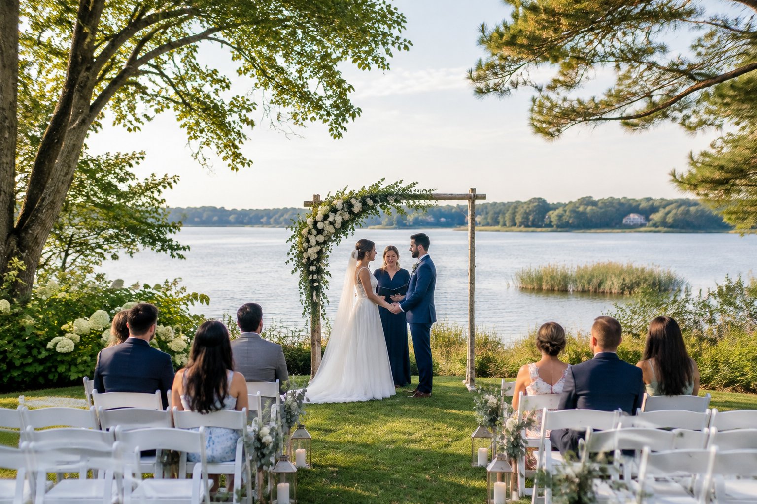 An outdoor wedding ceremony beside a calm lake with guests seated nearby.