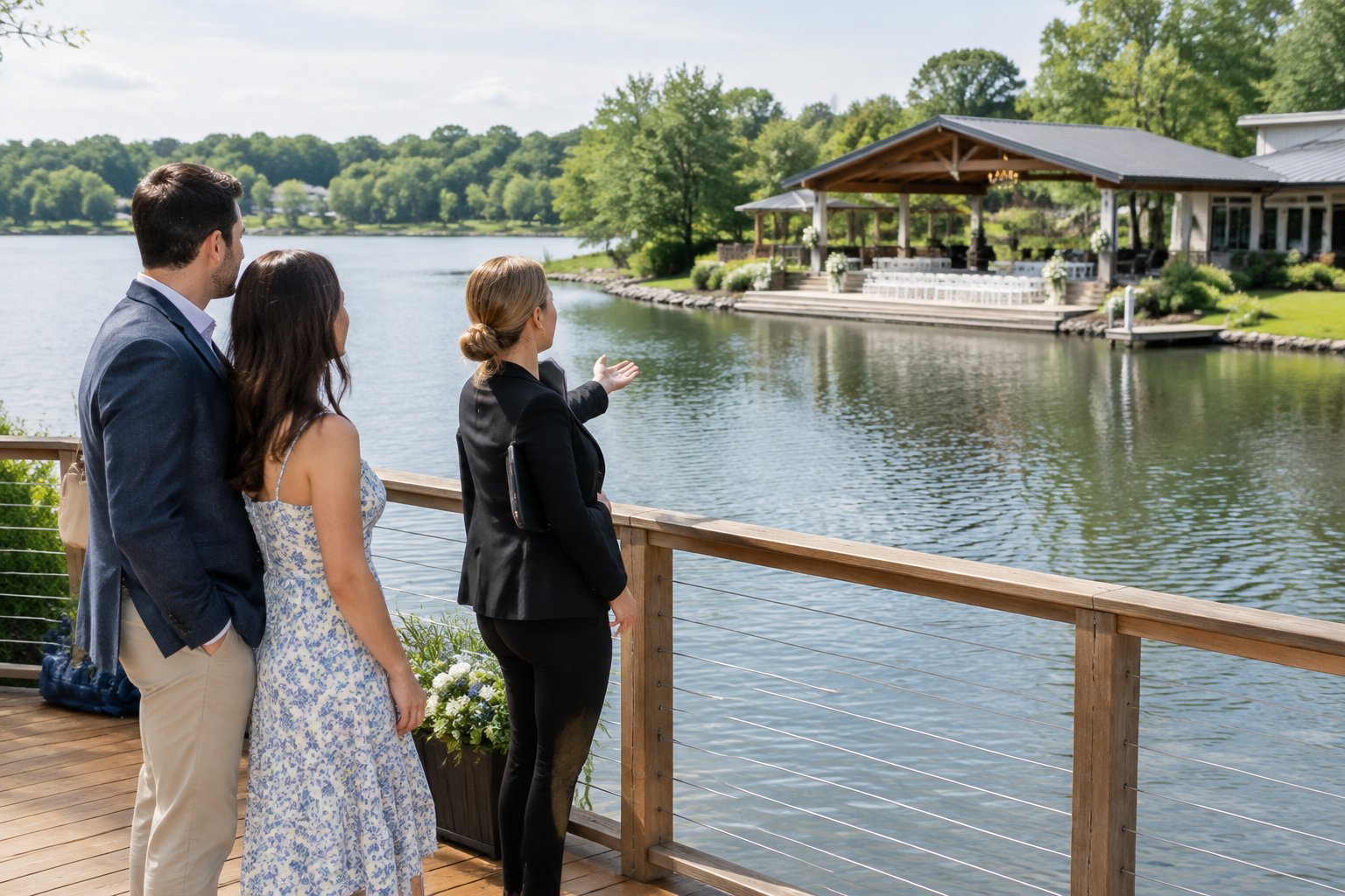 A couple tours a lakeside wedding venue with a coordinator.