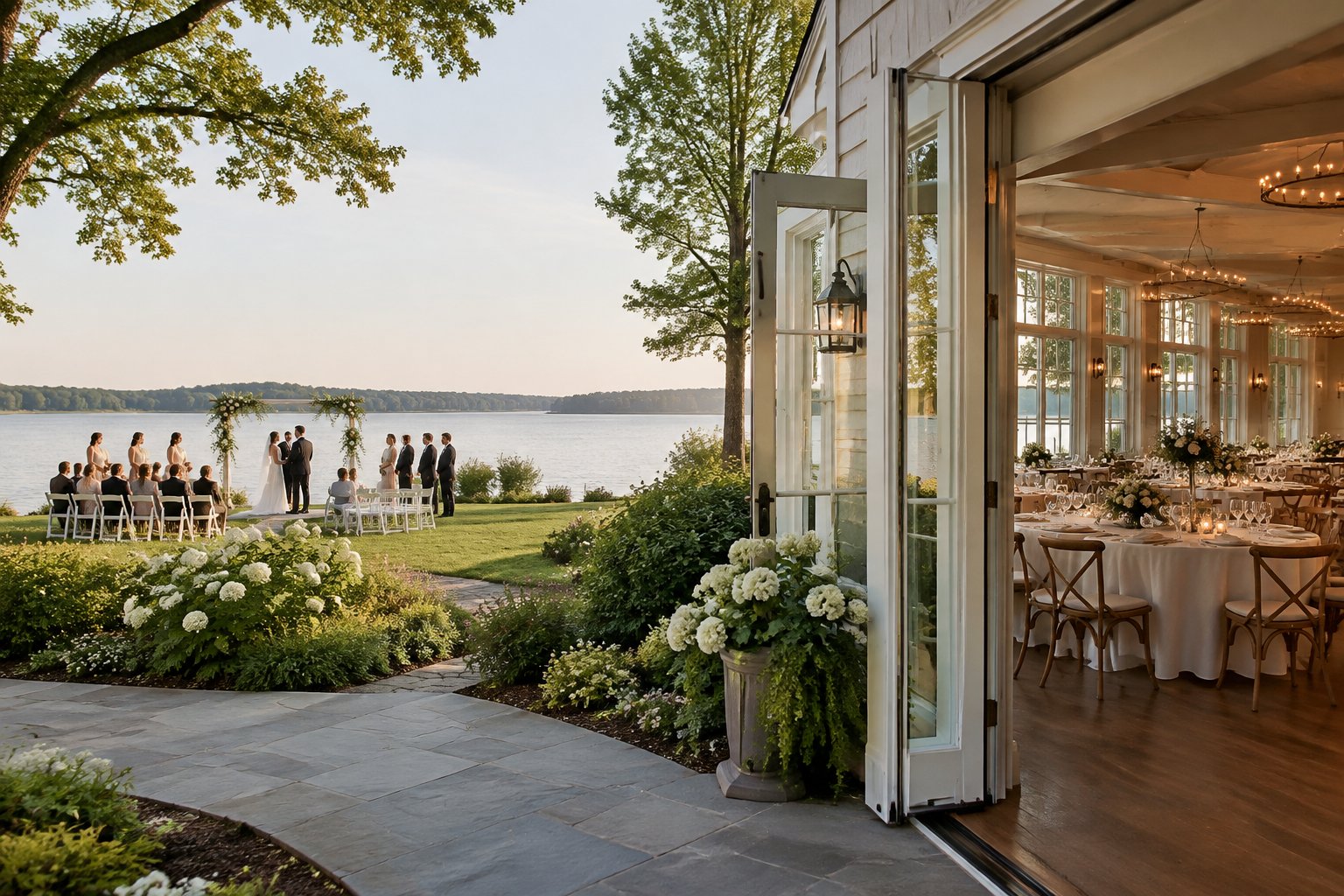 A lakeside wedding ceremony beside an indoor reception room.