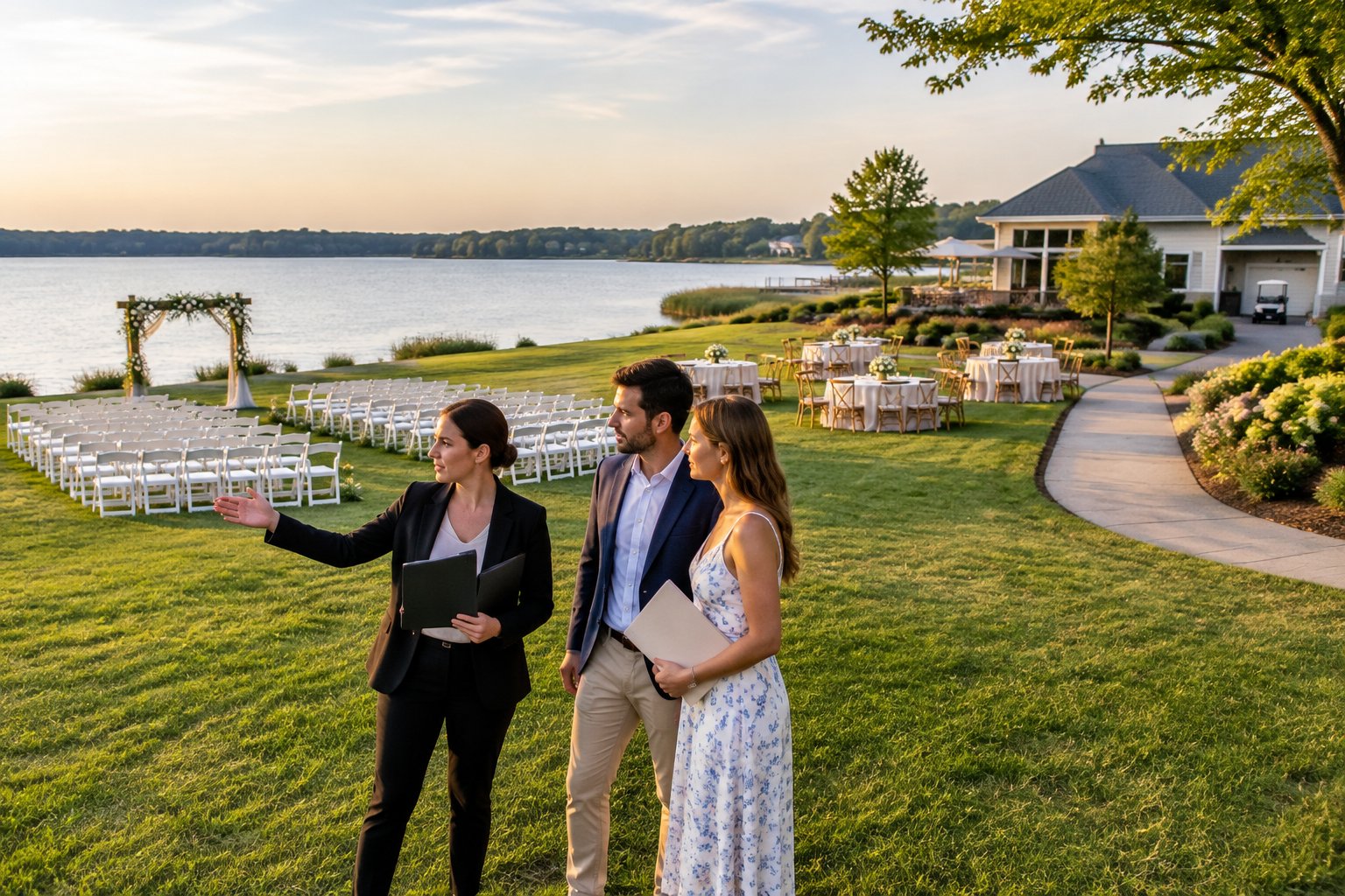 A couple and venue coordinator review a lakeside wedding ceremony and reception setup.