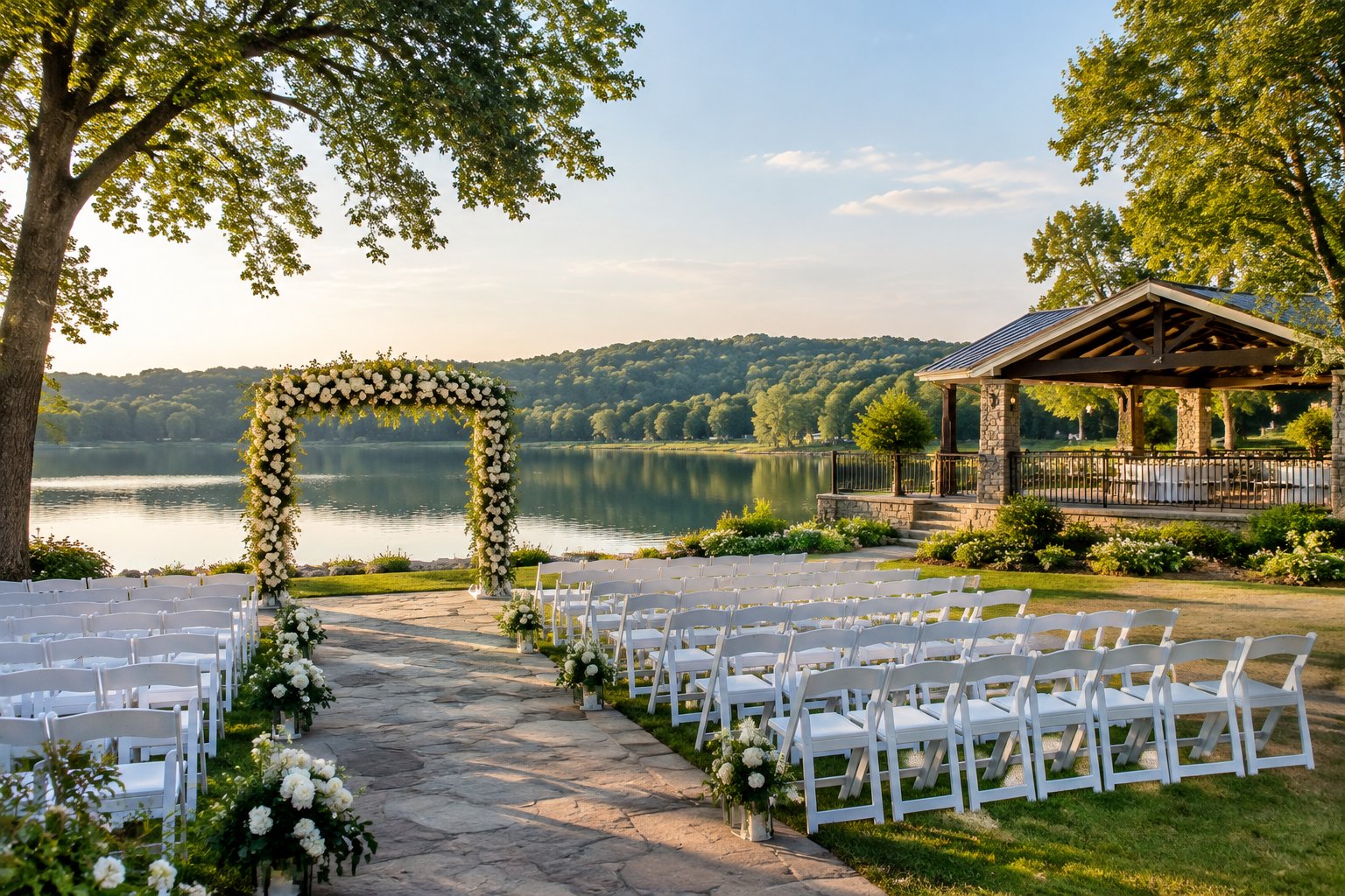 A wedding ceremony setup beside a lake, with rows of chairs and a floral arch.