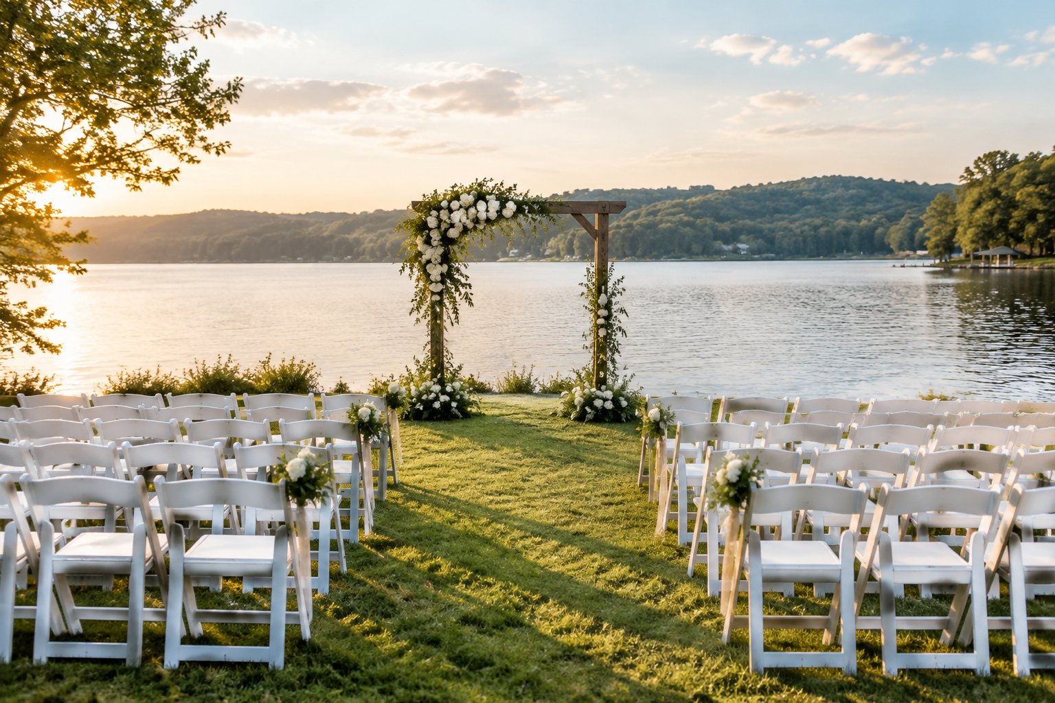 An outdoor wedding ceremony set beside a lake with wooded hills in the distance.