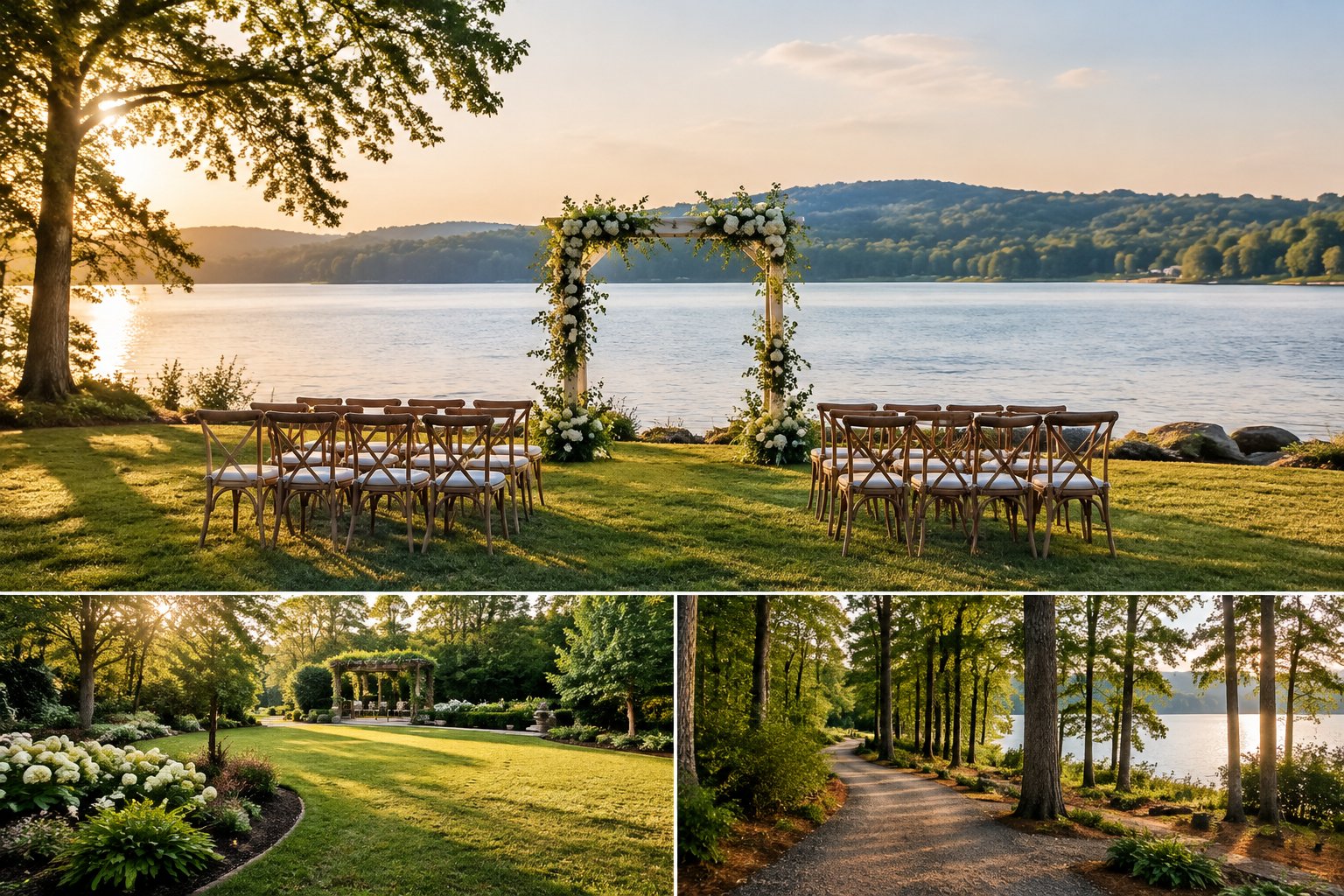 A wedding ceremony setup on a grassy lakeshore with a garden lawn and wooded path nearby.