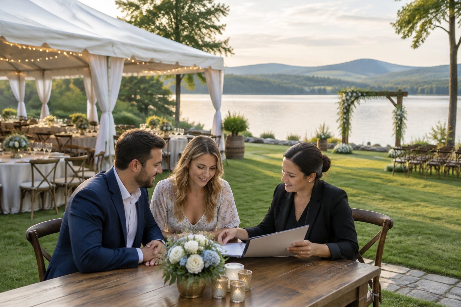 A couple reviews paperwork with a coordinator at a lakeside wedding reception.