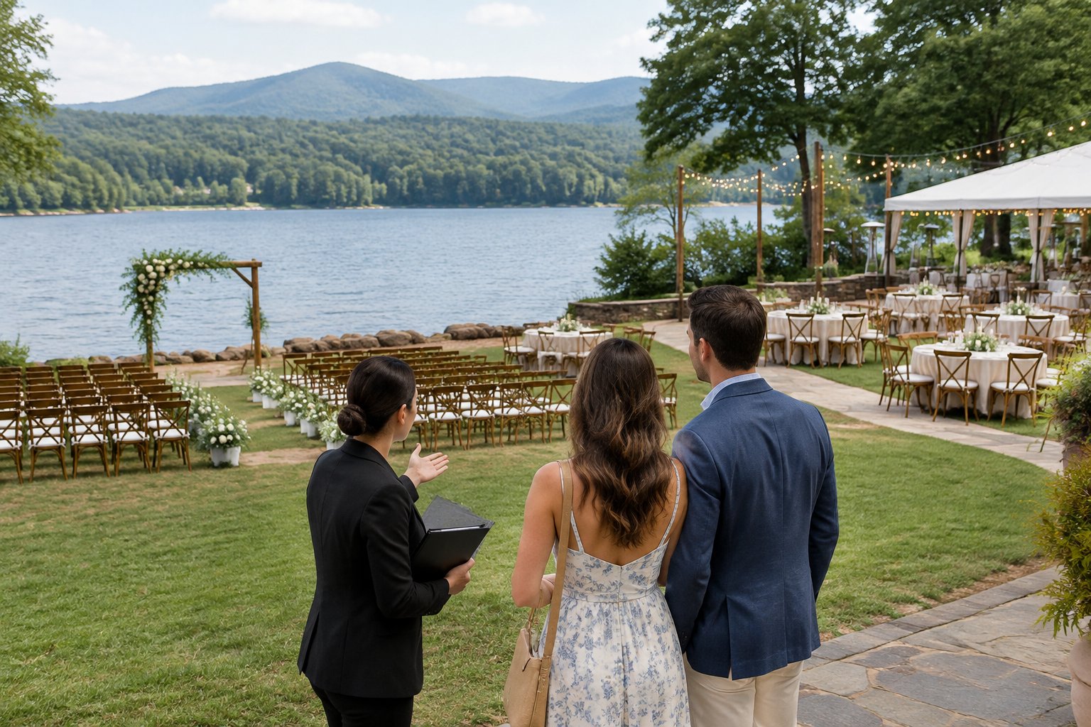 A couple and venue coordinator review a lakeside wedding ceremony and reception setup.