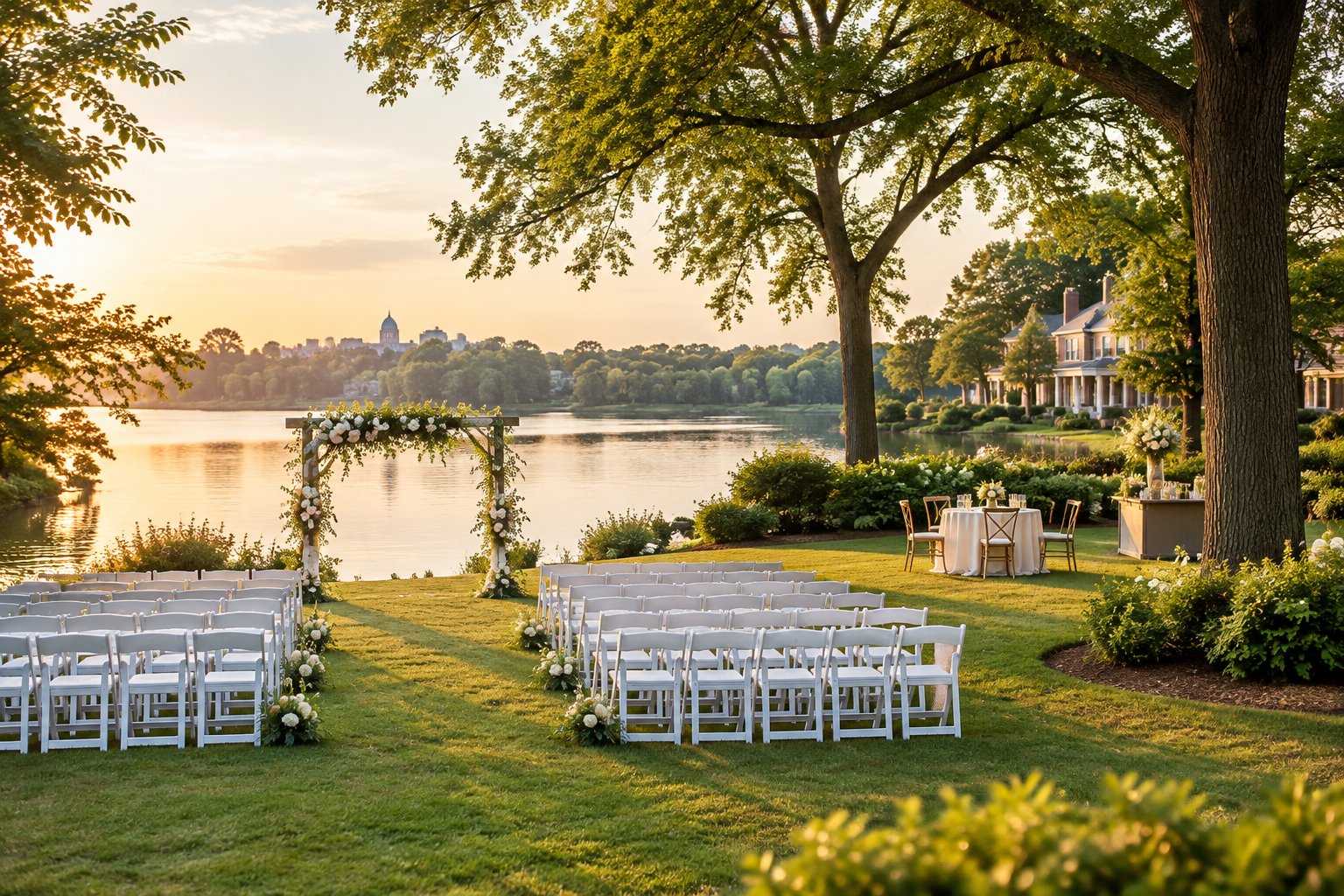 A wedding ceremony setup on a lawn beside a lake, with chairs and a floral arch.