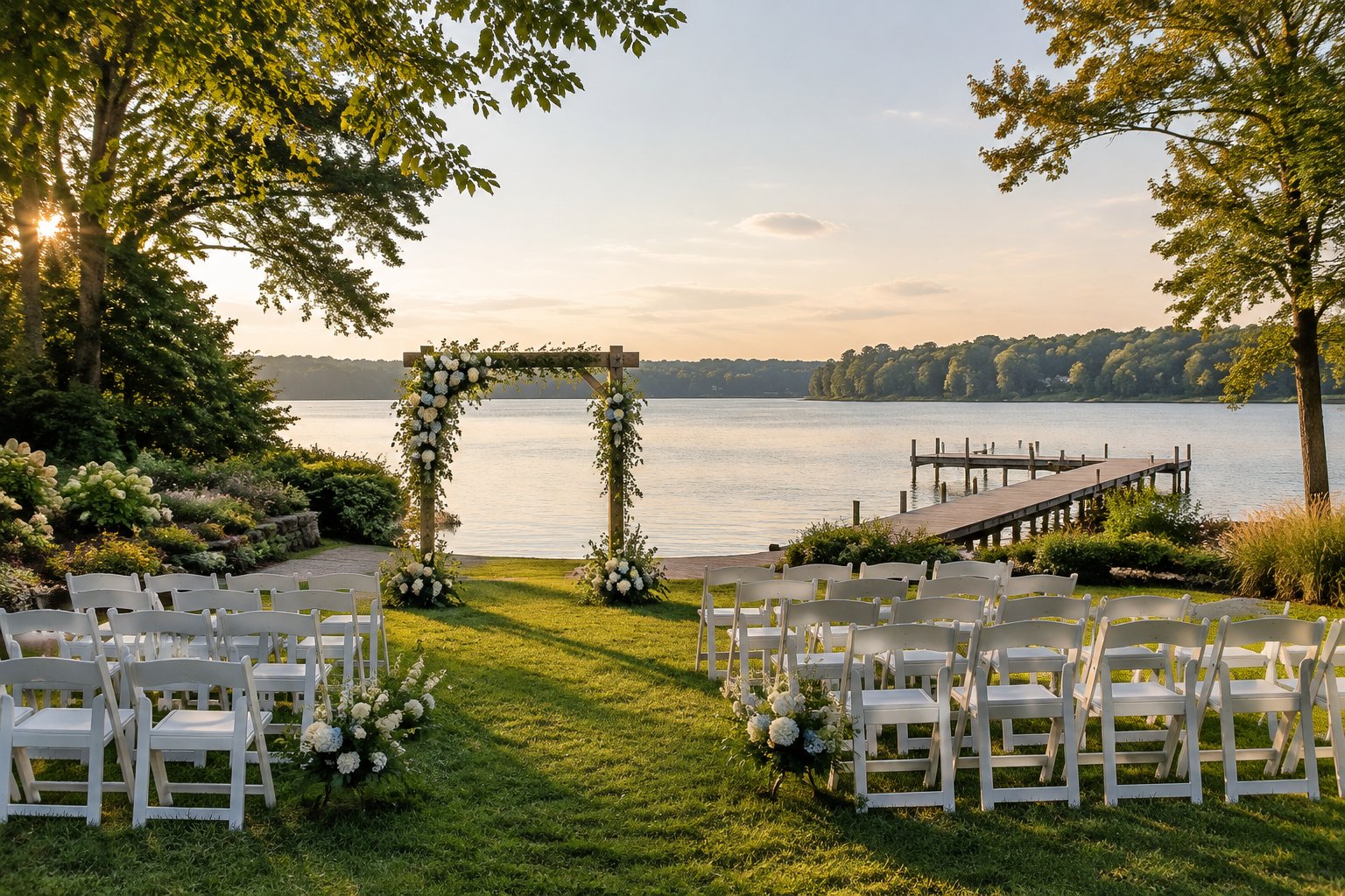 An outdoor wedding ceremony beside a calm lake, with a floral arch, white chairs, and tree-lined shores.