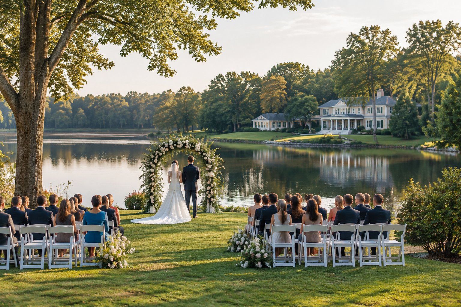 A wedding ceremony set on a manicured lawn beside a lake.