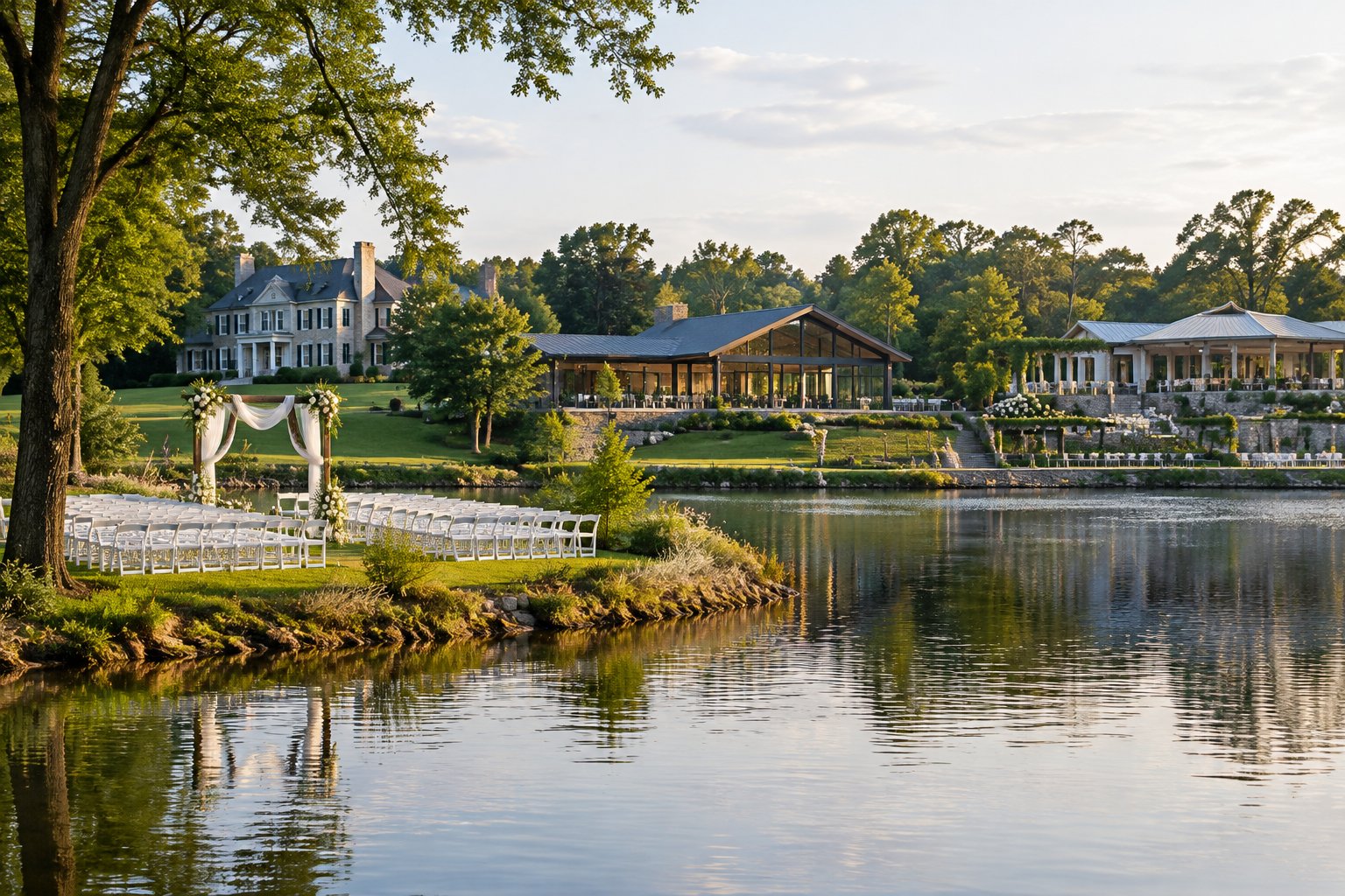 A lakeside wedding ceremony setup with a calm lake and several venues along the shore.