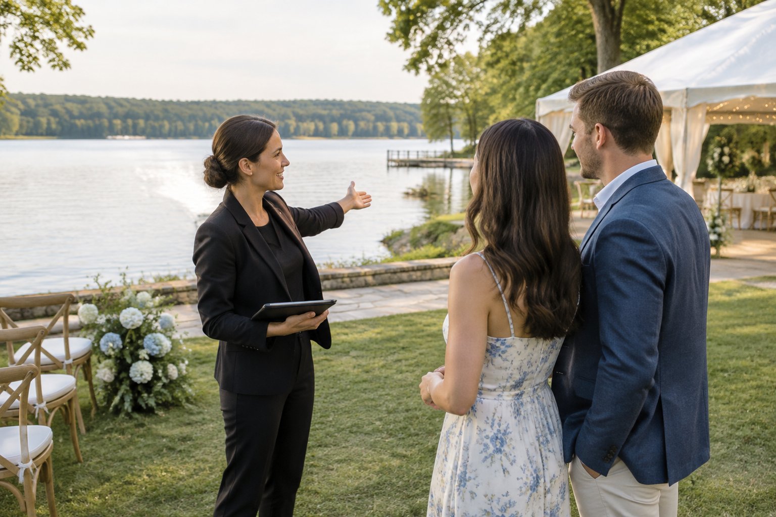 An engaged couple discusses a lakeside wedding venue with a coordinator.