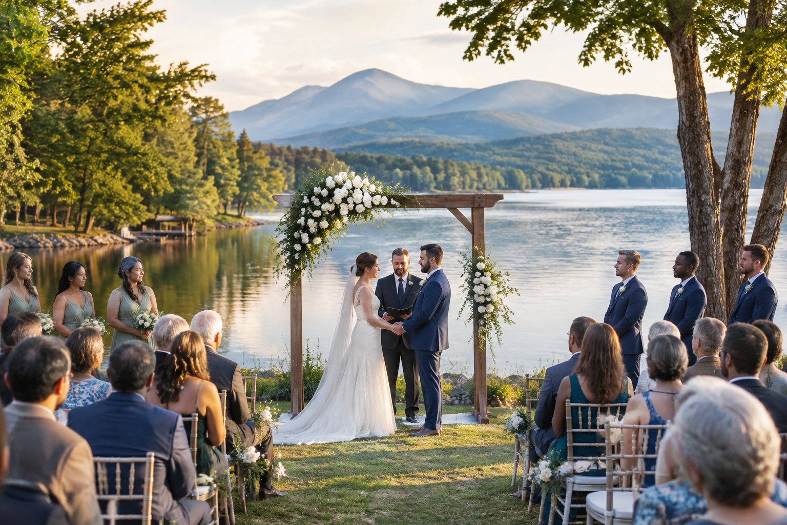 A couple exchanges vows at a lakeside ceremony with guests and mountains in the distance.