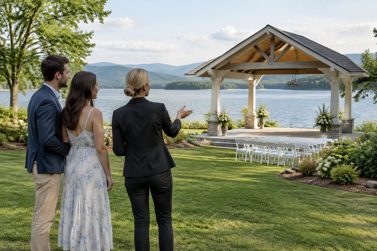 A couple and venue coordinator look across a lakeside wedding venue.