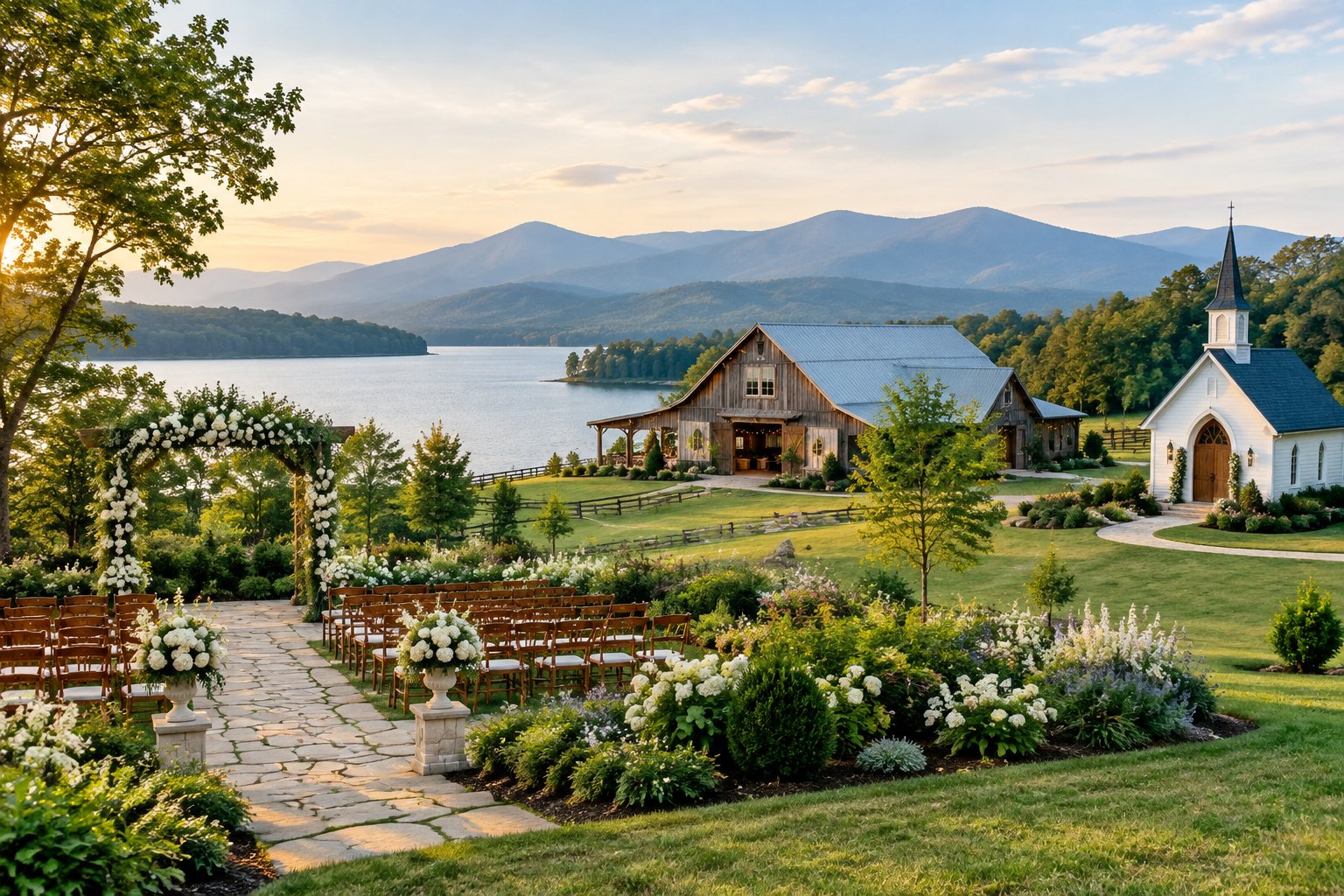 A garden ceremony area, rustic farmhouse, and small chapel beside a mountain lake.