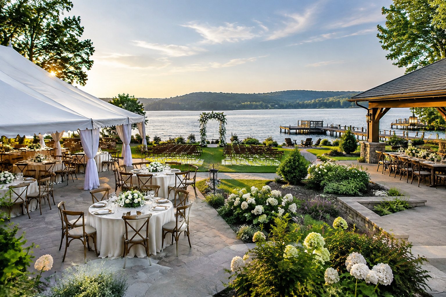 A lakeside wedding reception setup with tables, a white tent, and a ceremony area beside the water.
