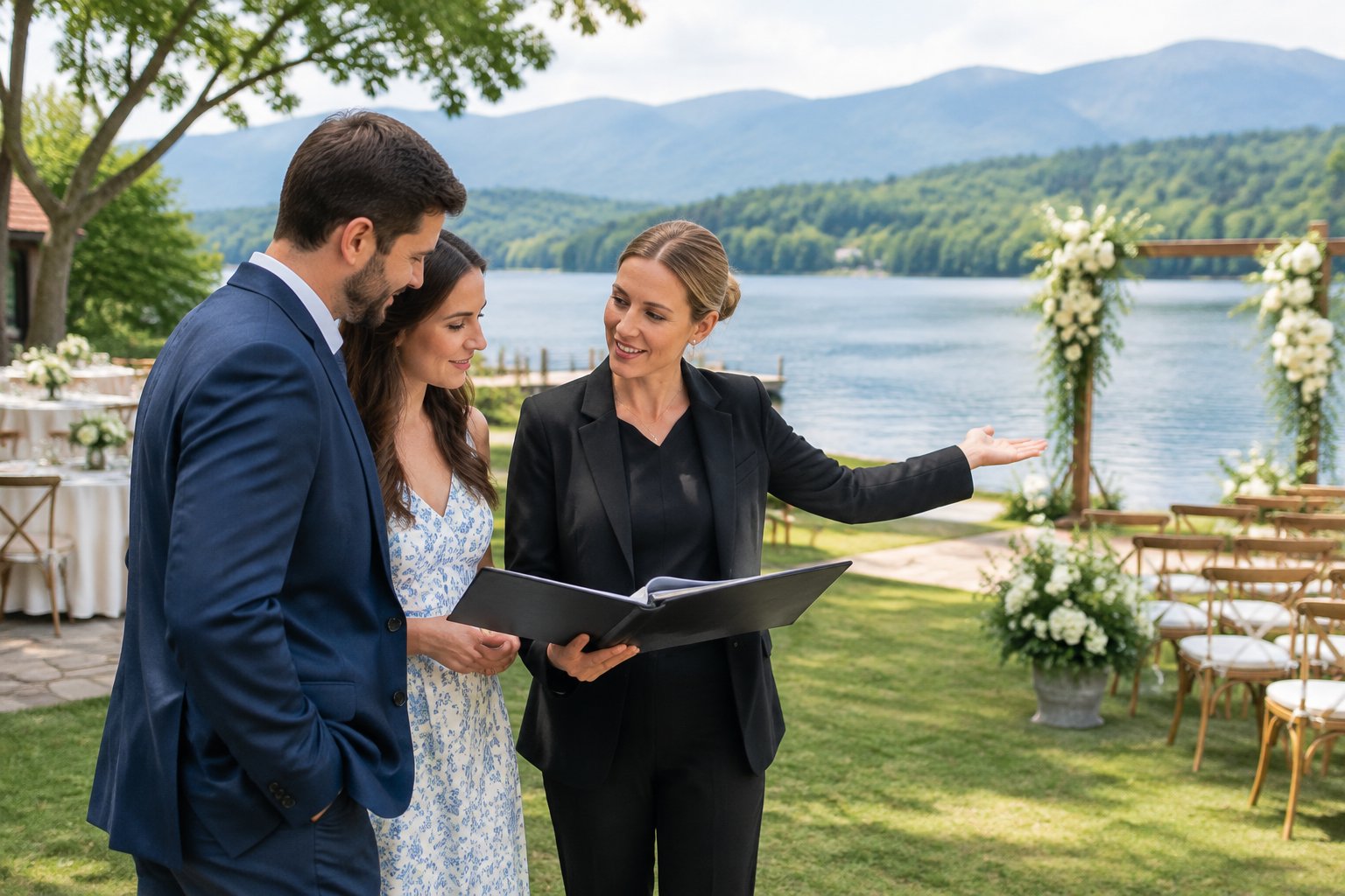 A couple discusses a lakeside wedding venue with a coordinator.