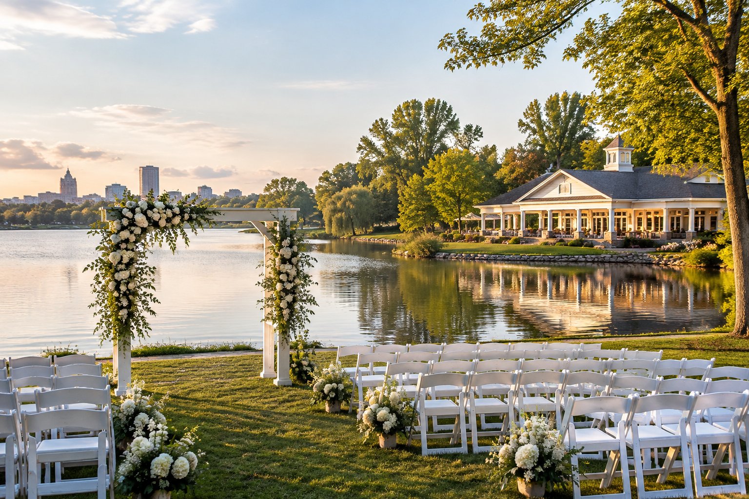 A lakeside wedding ceremony setup beside a calm lake.