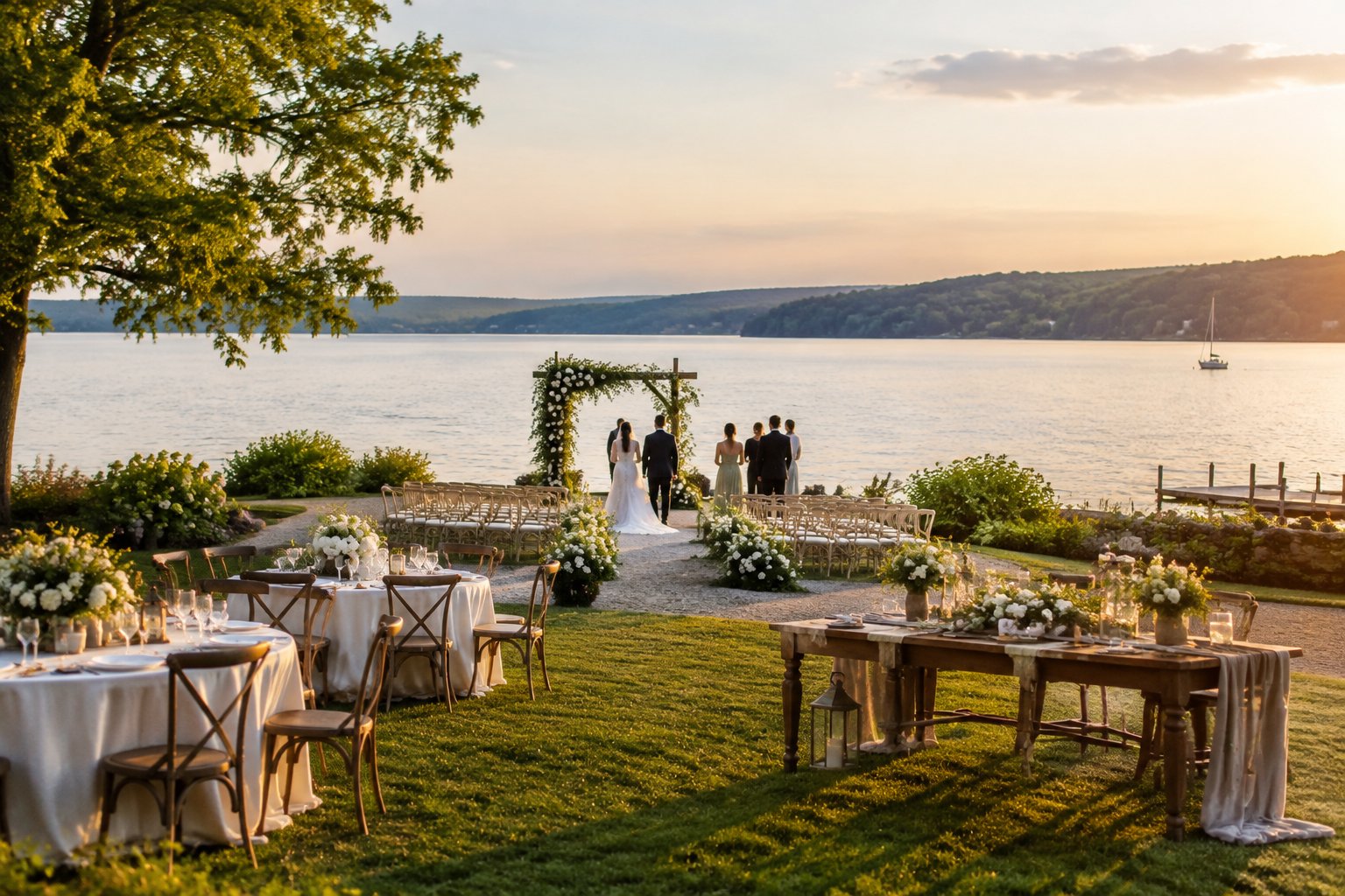 A wedding ceremony setup beside a calm lake.